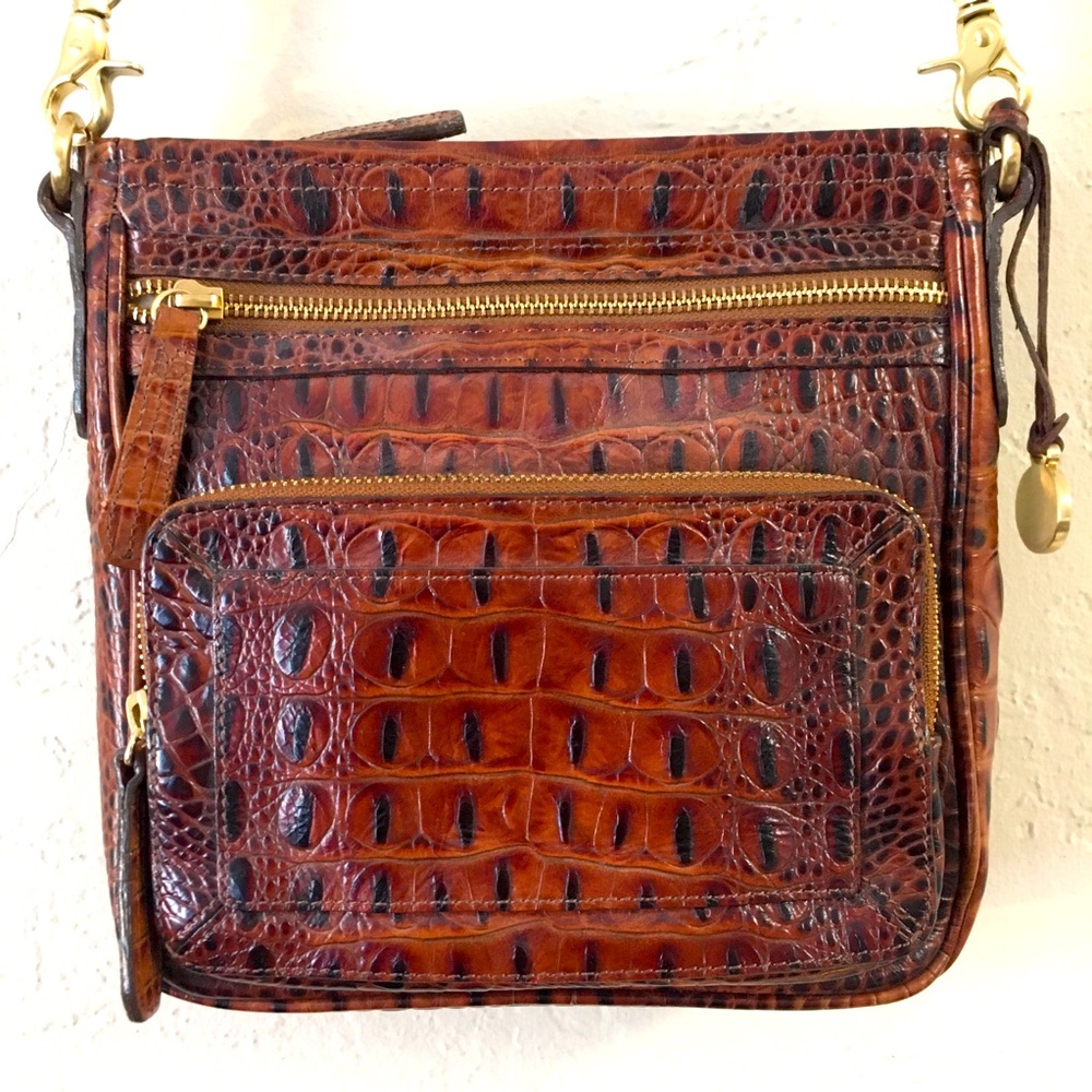 Brahmin Melbourne Croc Leather Crossbody Shoulder Bag Brown Gold Classic